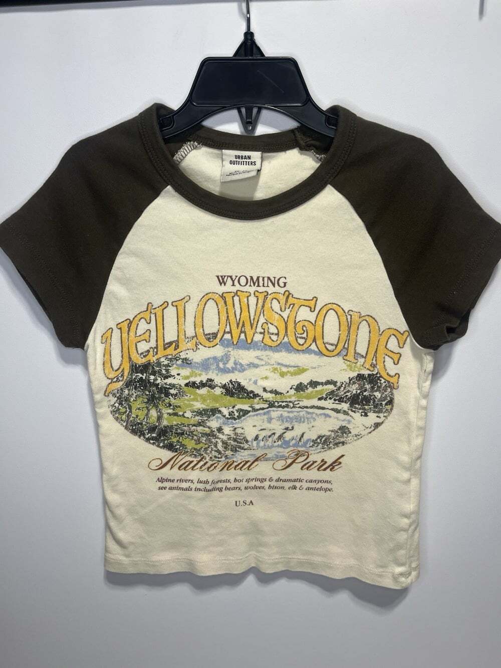Urban Outfitters Crop Baby Tee Women’s XS Yellowstone Wyoming Graphic Cream Brwn